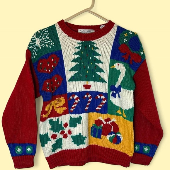 Vintage Karen Scott Festive Red and Green Holiday Sweater Small Petite - Picture 1 of 4